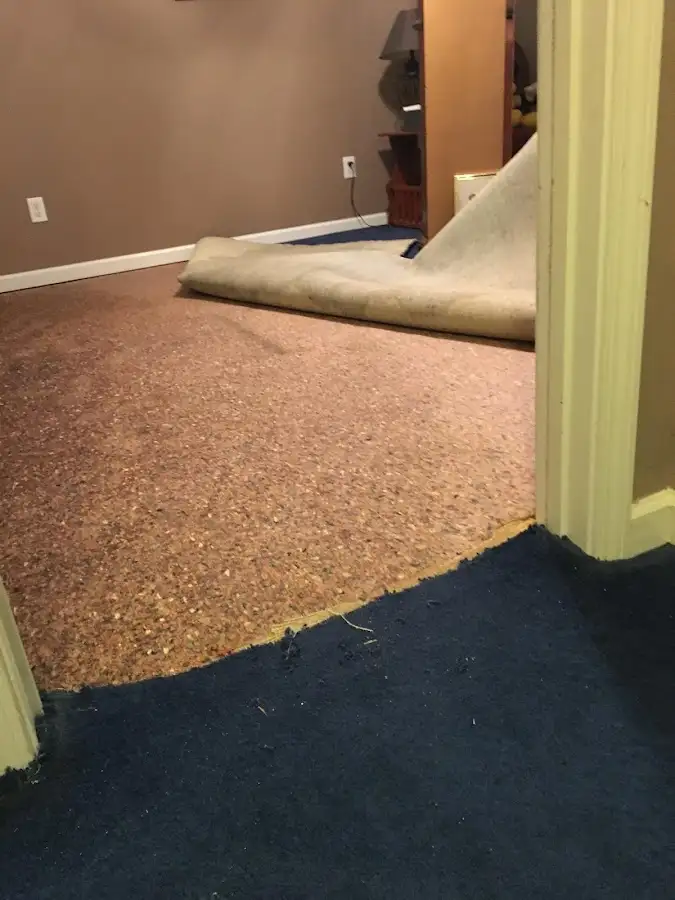 Carpet pad removal revealing water damage during Drying & Dehumidification in Bridge City